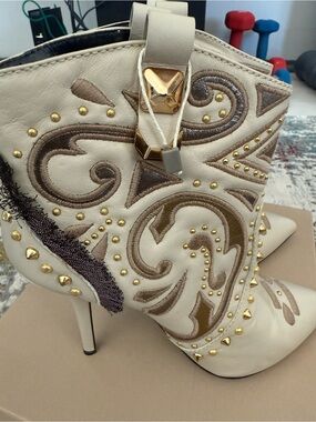 Greymer Cream Embroidered Studded Ankle Boots